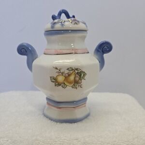 Vintage Footed Apothecary Jar Blue Floral Pattern Cottagecore Grannycore